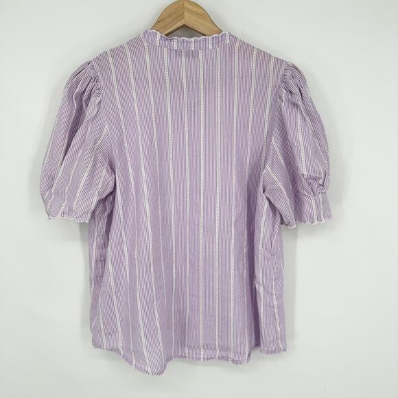 Tuckernuck LANHTROPY 100% Linen Scallop Blouse Striped Puff Sleeve Shirt Top - Picture 10 of 15
